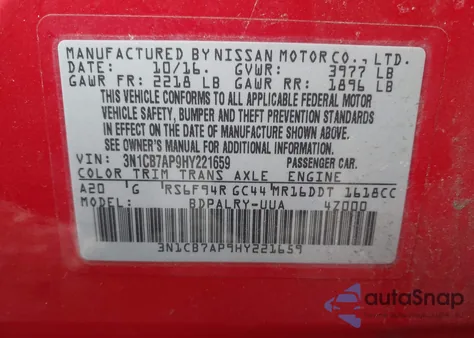 2017 Nissan Sentra Sr Turbo z USA, uszkodzony, nr VIN 3N1CB7AP9HY221659